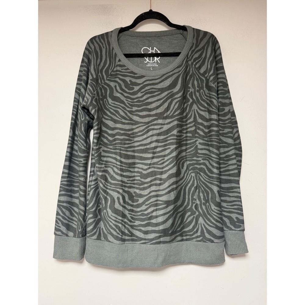 Chaser Sweatshirt Women Large Grey Zebra Print Raglan Pullover CW7533 Excellent